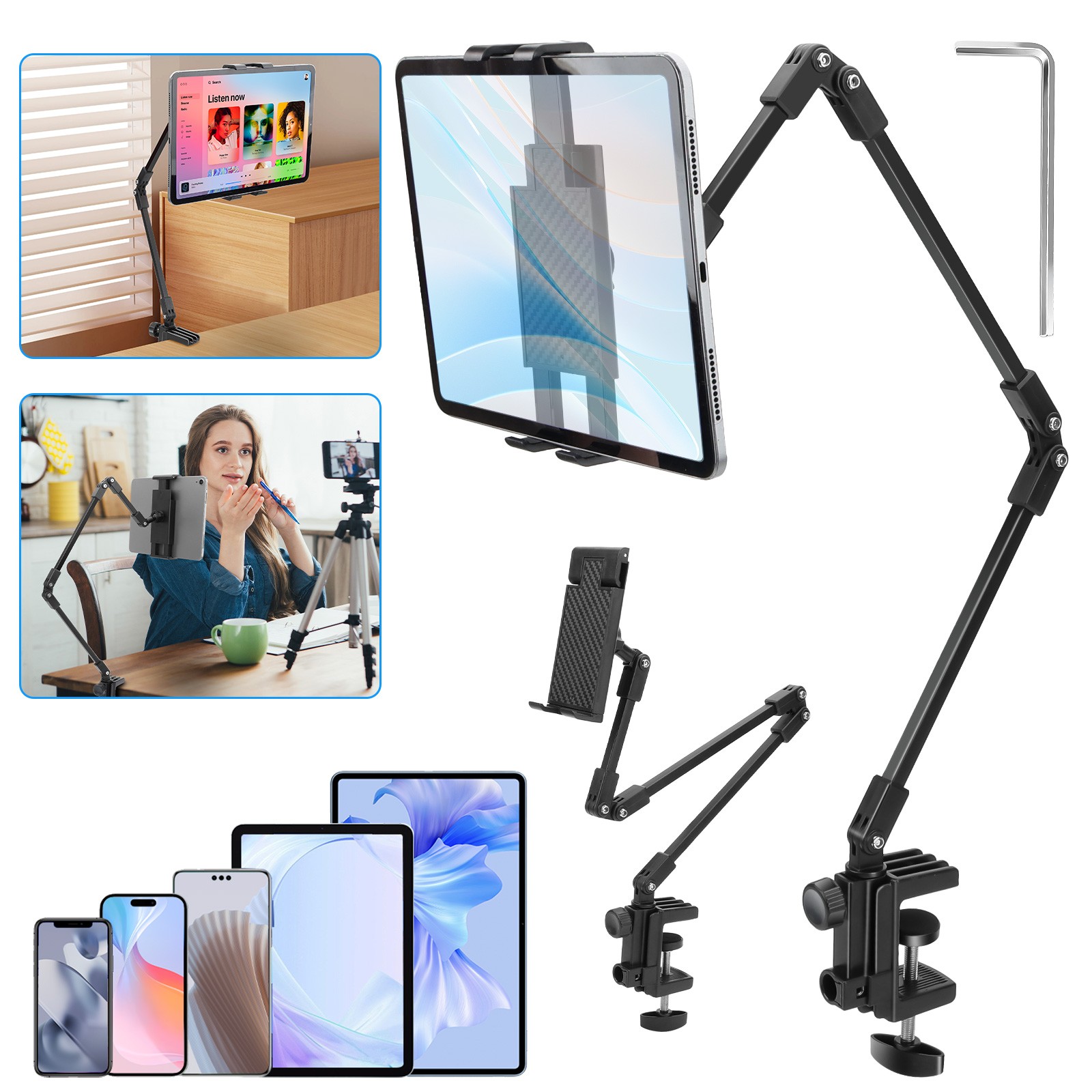 Long Arm Tablet Phone Mount for Desk Bed 4-12.9" iPad Samsung Galaxy Adjustable