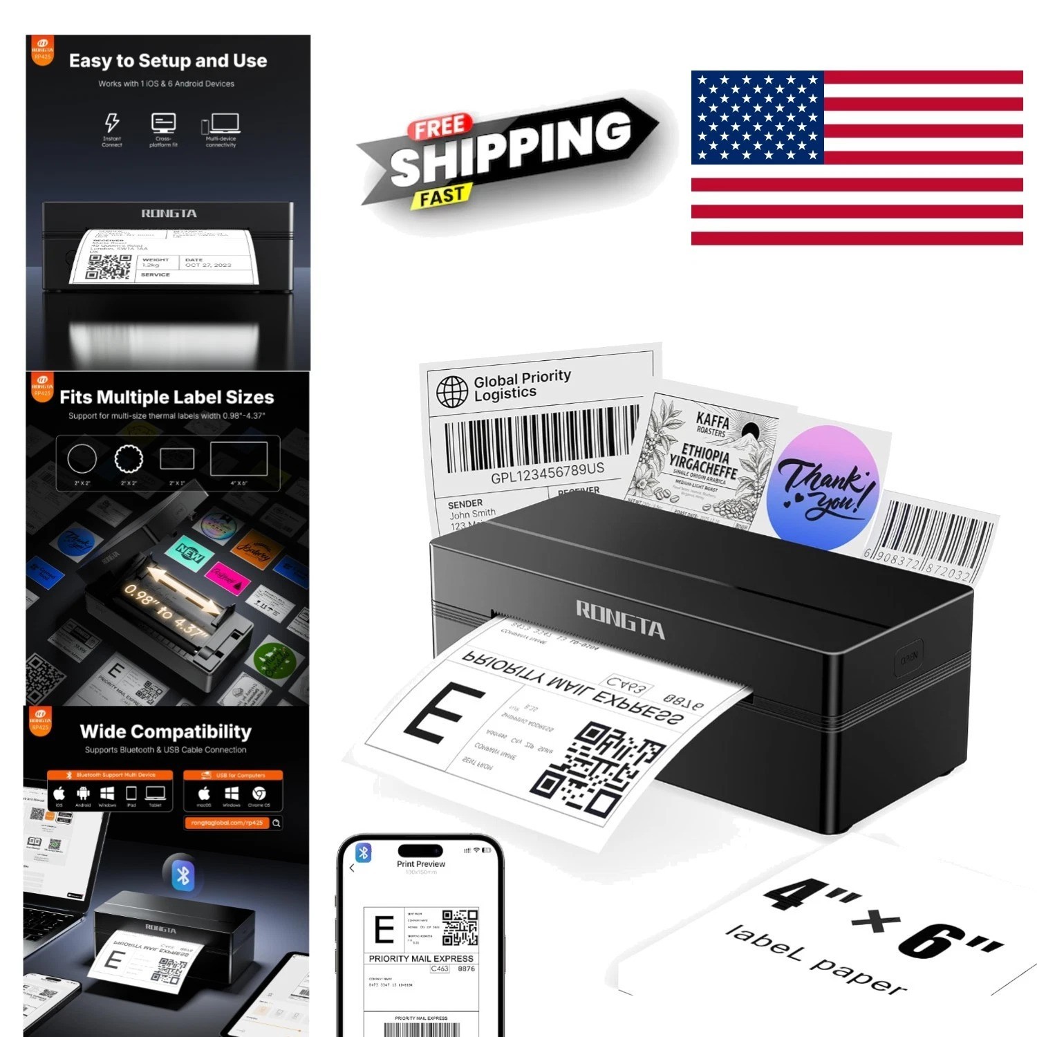 Compact Bluetooth Label Printer 4x6 Thermal Shipping Printer for Small Business