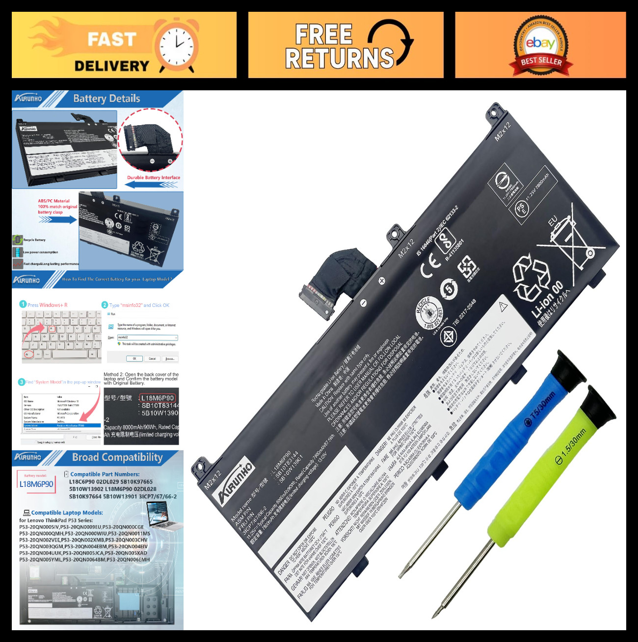 90Wh Laptop Battery Replacement for Lenovo ThinkPad P53, 11.25V, High Capacity