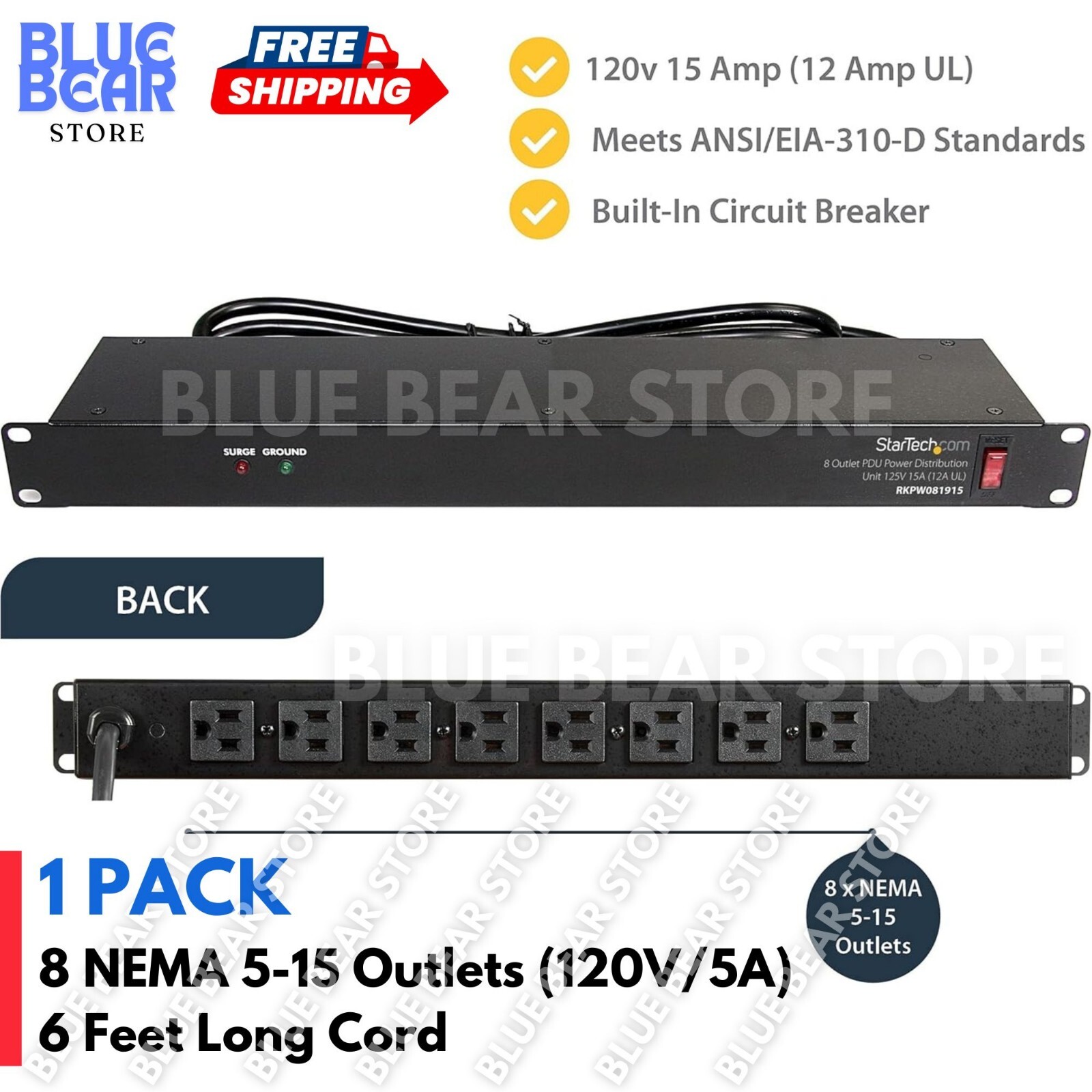 8 Outlet Horizontal 1U Rack Mount PDU for Network Server Racks Surge Protection