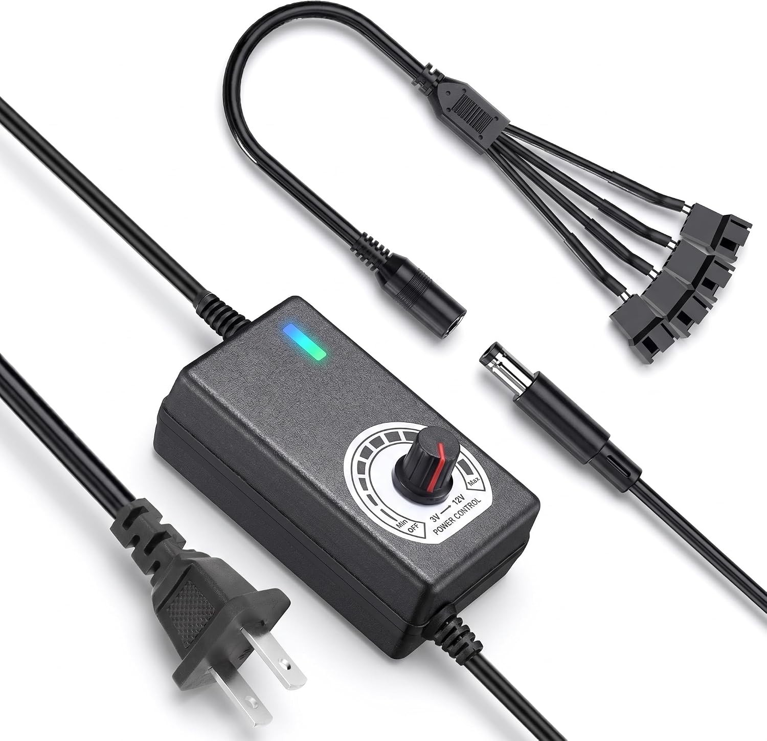 Delinx 12V PC Fan Speed Controller, AC Plug with 4X 4-Pin Splitter Cable | 36W
