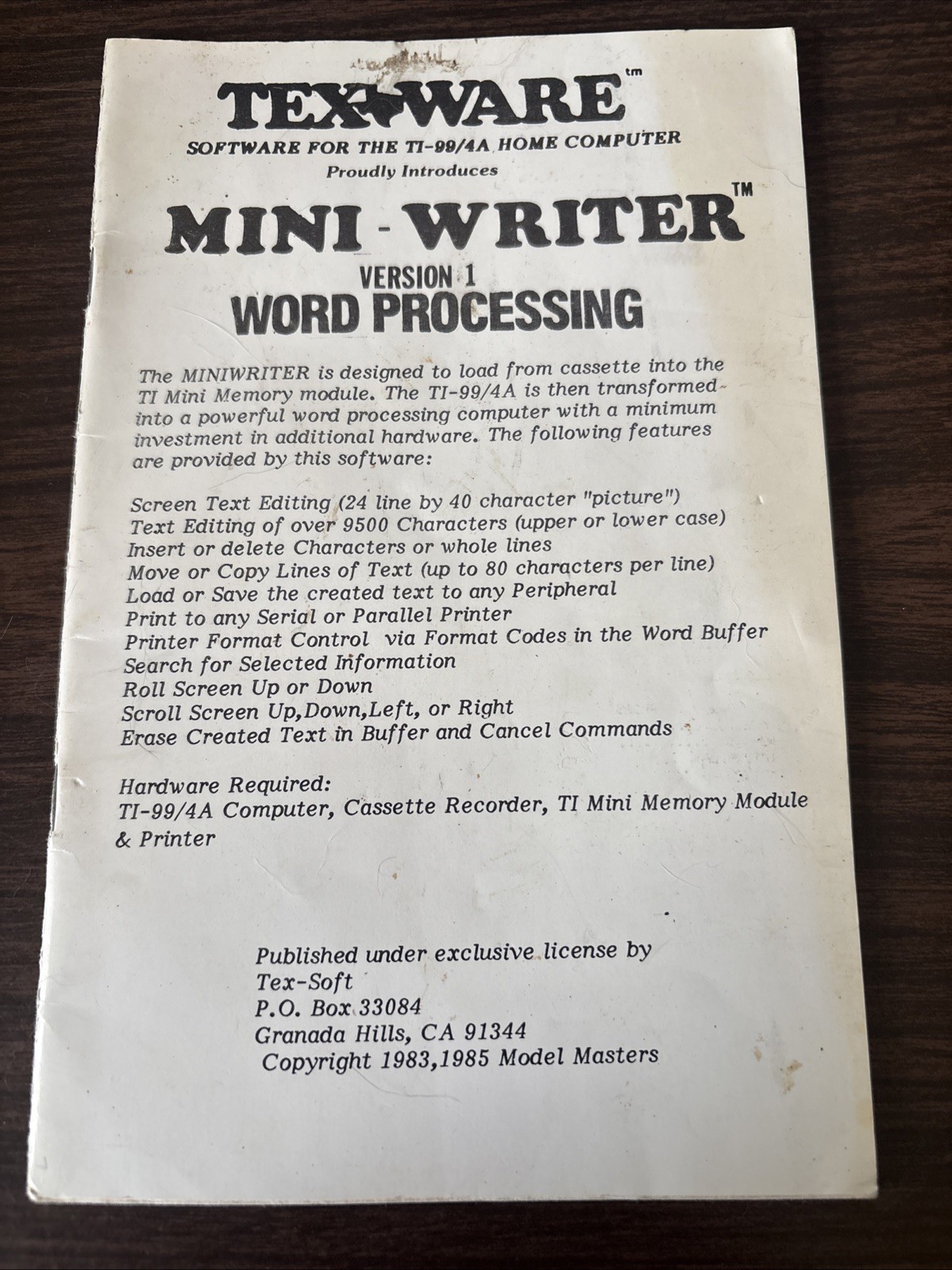 Tex Ware Mini Writer For TI-99/4a Texas Instruments Manual Only