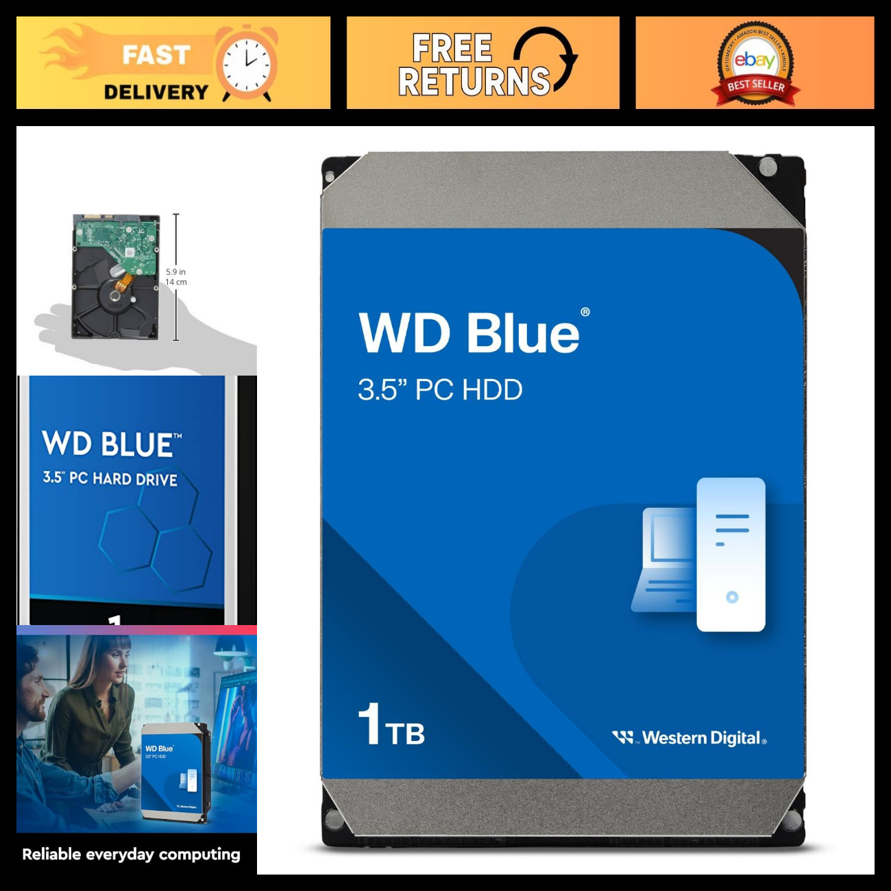 1TB Internal Hard Drive HDD - 7200 RPM, SATA 6Gb/s, 64MB Cache, 3.5" Storage