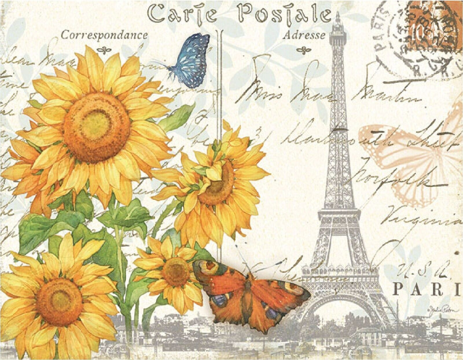 EIFFEL TOWER BUTTERFLY SUNFLOWERS PARIS POST CARD COMPUTER MOUSE PAD  9 x 7