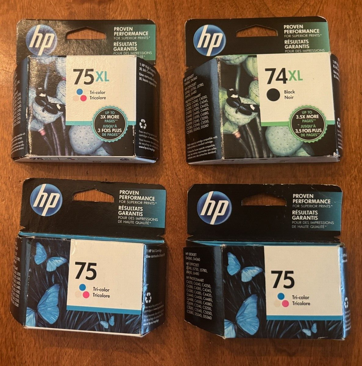 Lot 4 Genuine Brand New Sealed HP Ink Cartridges Tri-Color Black 74XL 75XL 74 75