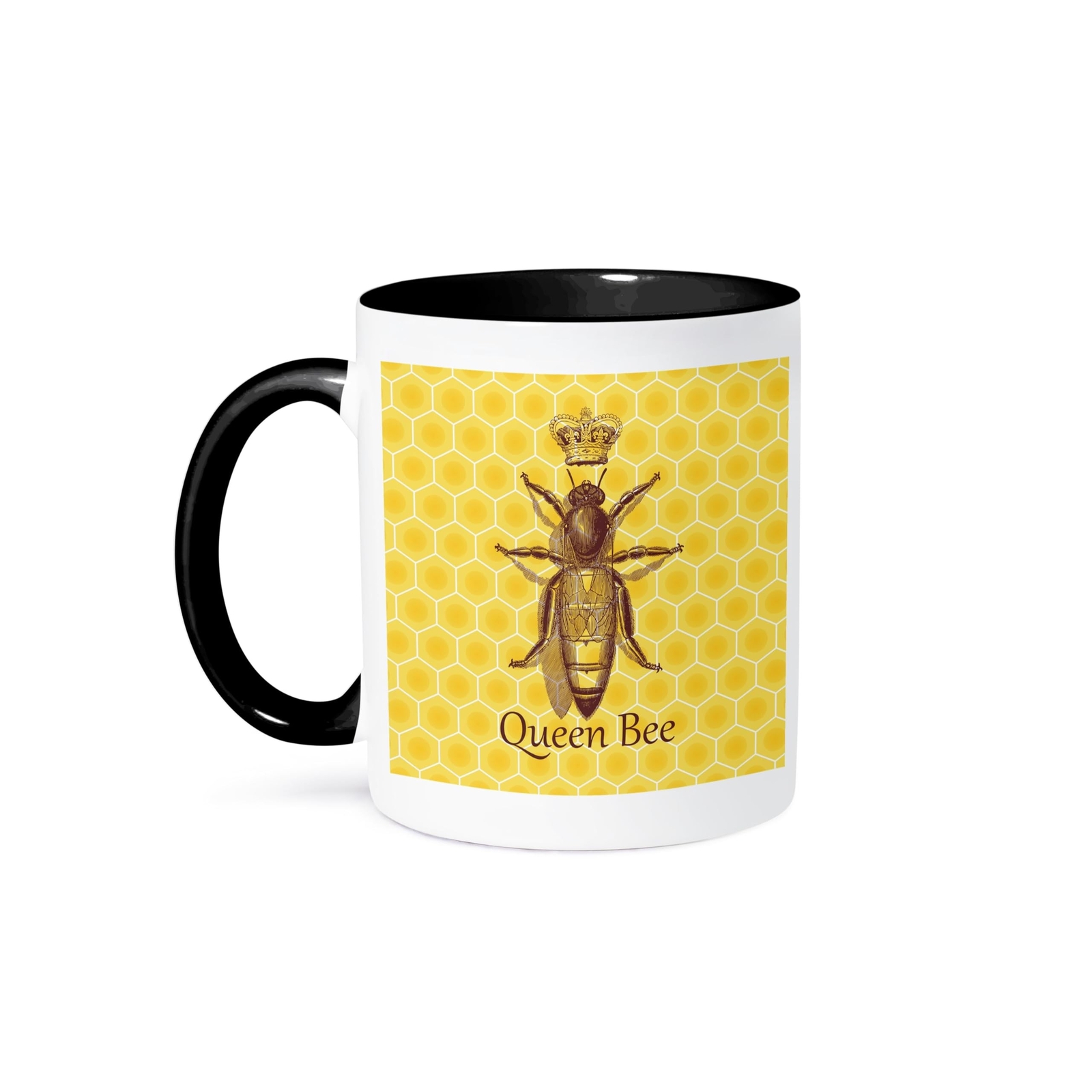 3dRose Stately Queen Bee with Royal Crown Honeycomb Two Tone Mug, 11 oz, Blac...