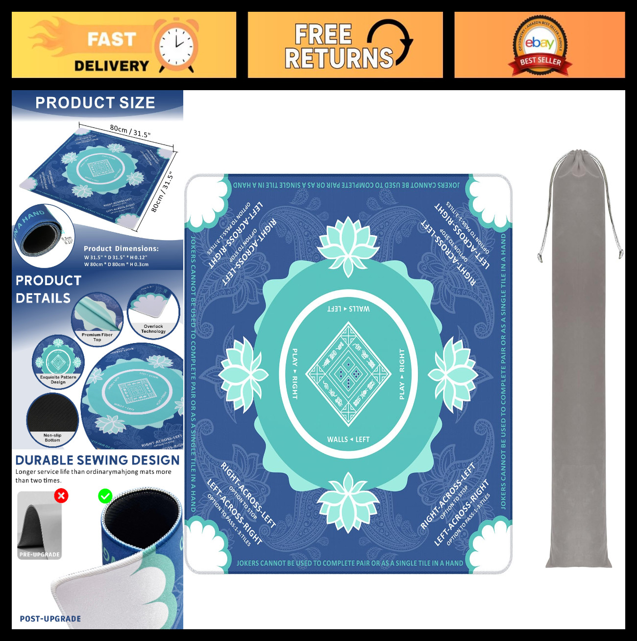 Non-Slip Mahjong Mat with Carrying Bag, 31.5" Gaming Mat for Poker & Board Games
