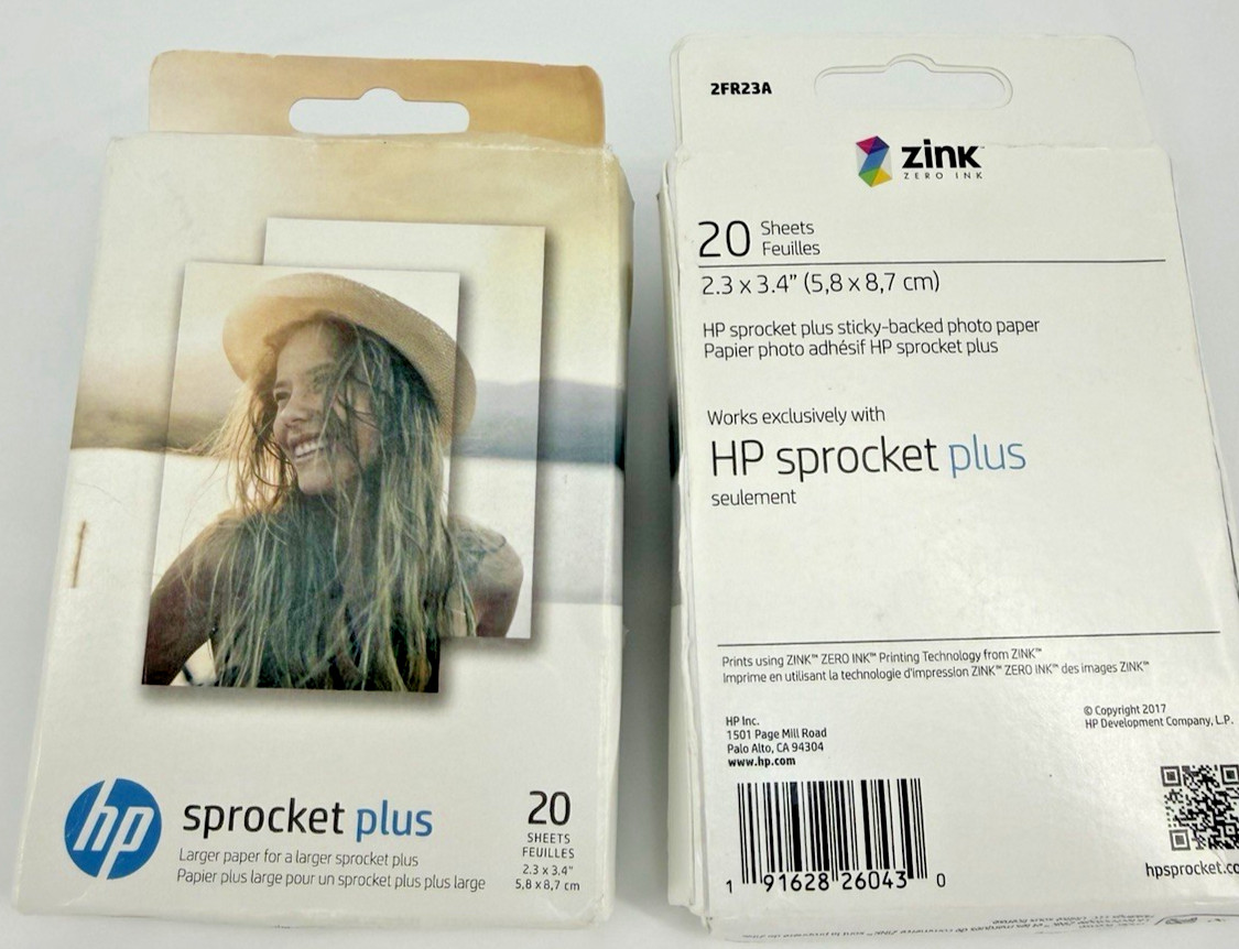 HP Sprocket 2.3 x 3.4” Zink Sticky Back Photo Paper-20 Sheets, Unopened, 2 boxes