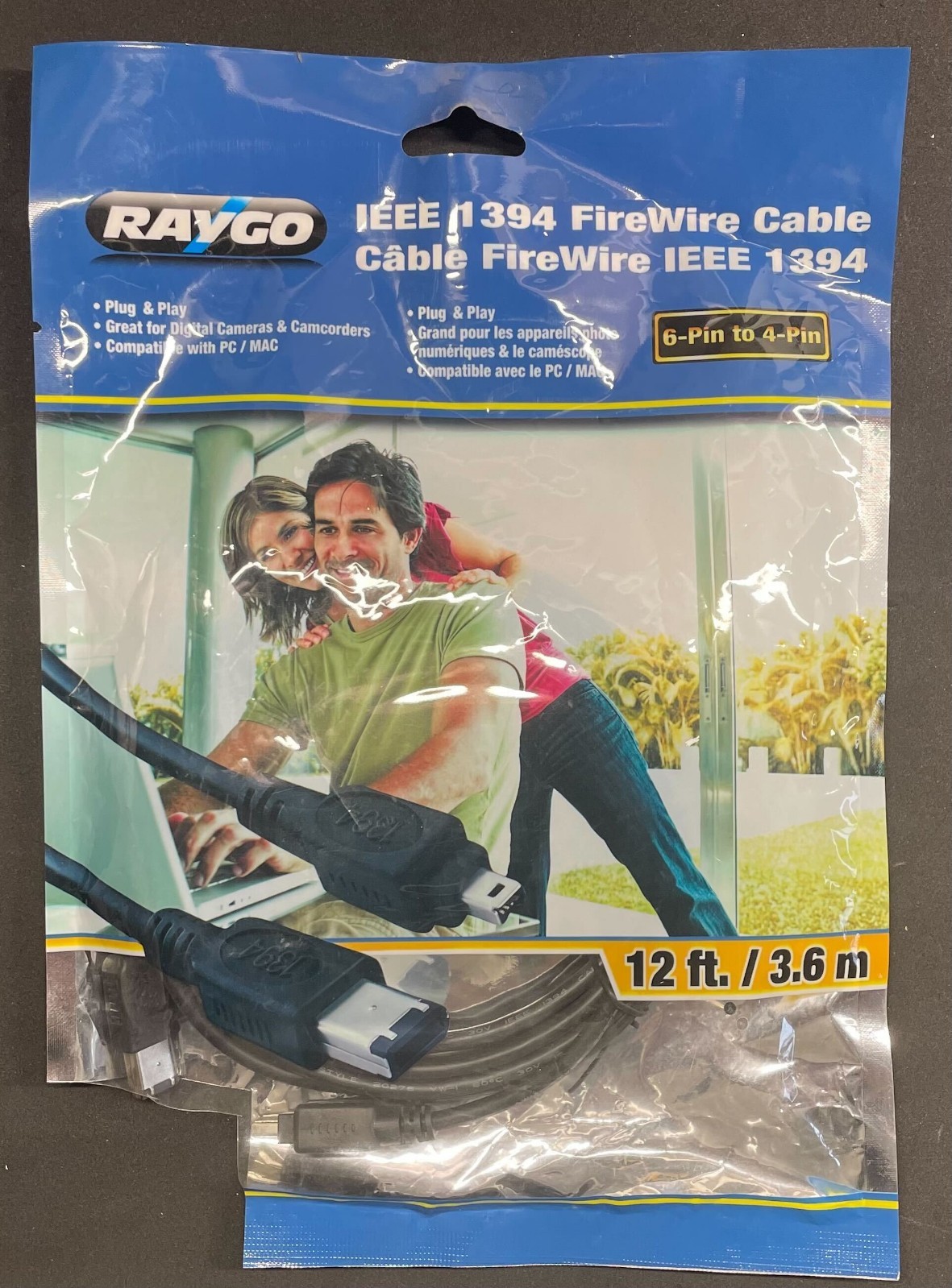 RAYGO 12ft IEEE-1394 Firewire 6-Pin Male to 4-Pin Male Cord Data Black