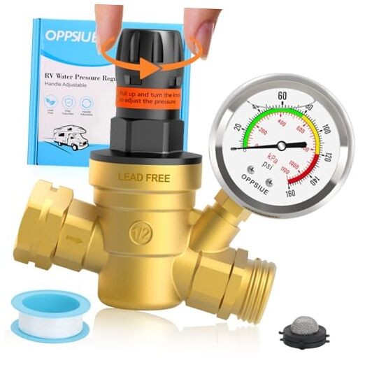 RV Water Pressure Regulator with Colorful Gauge - Hand Adjustable Knob - Brass