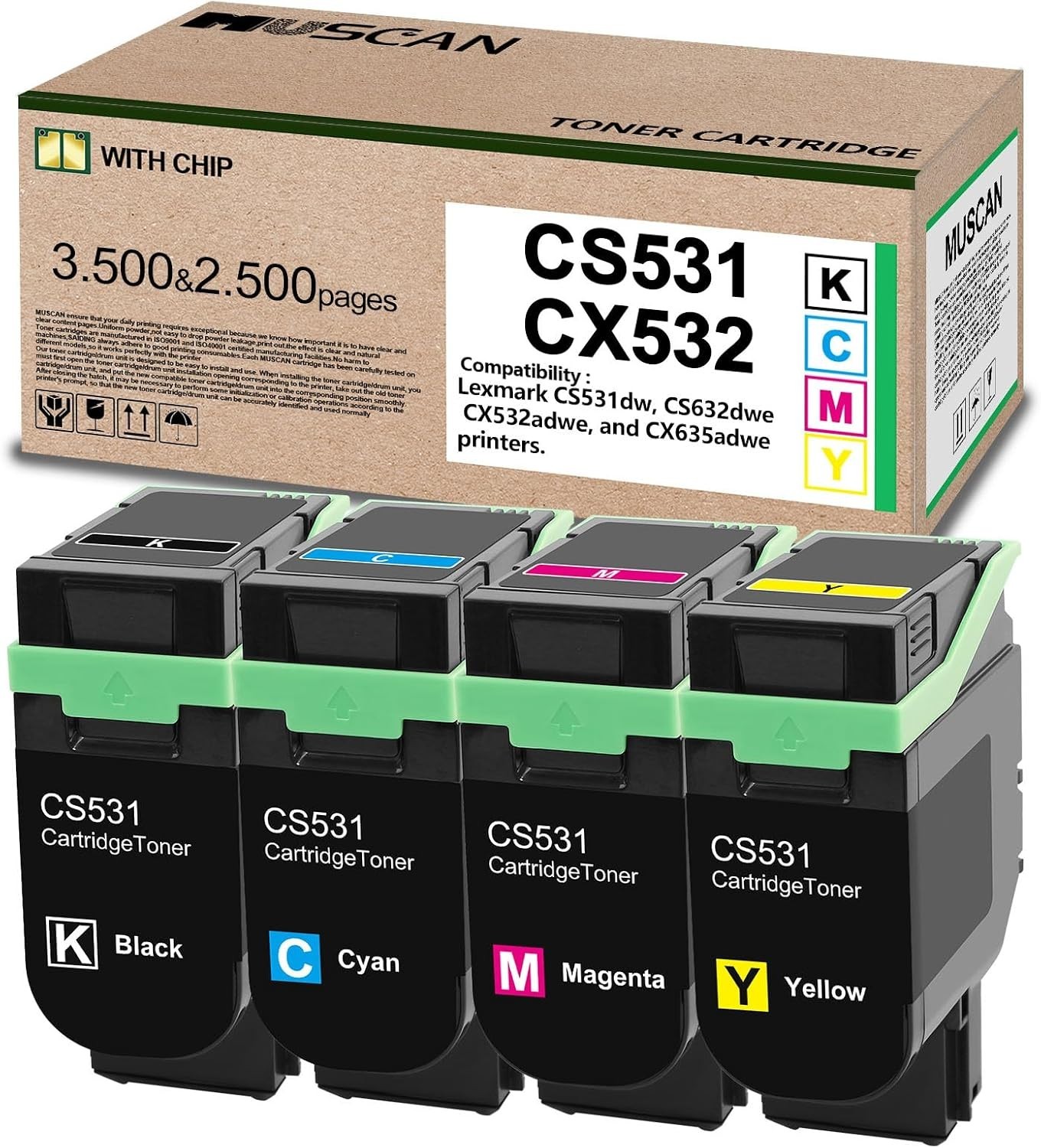 Toner Cartridges 4-Pack BCMY Chip MUSCAN CS531 CX532 Compatible With Lexmark BN
