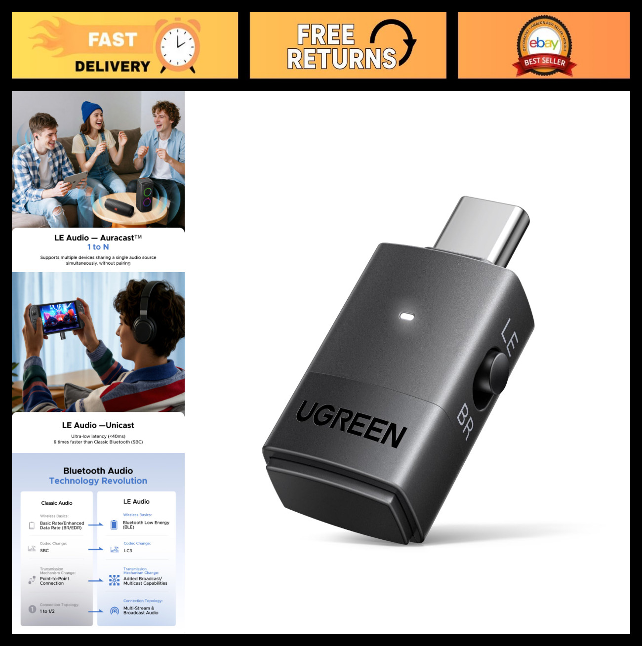 USB-C Bluetooth Adapter for PS5 & PC, LE Audio, aptX Adaptive, Low Latency