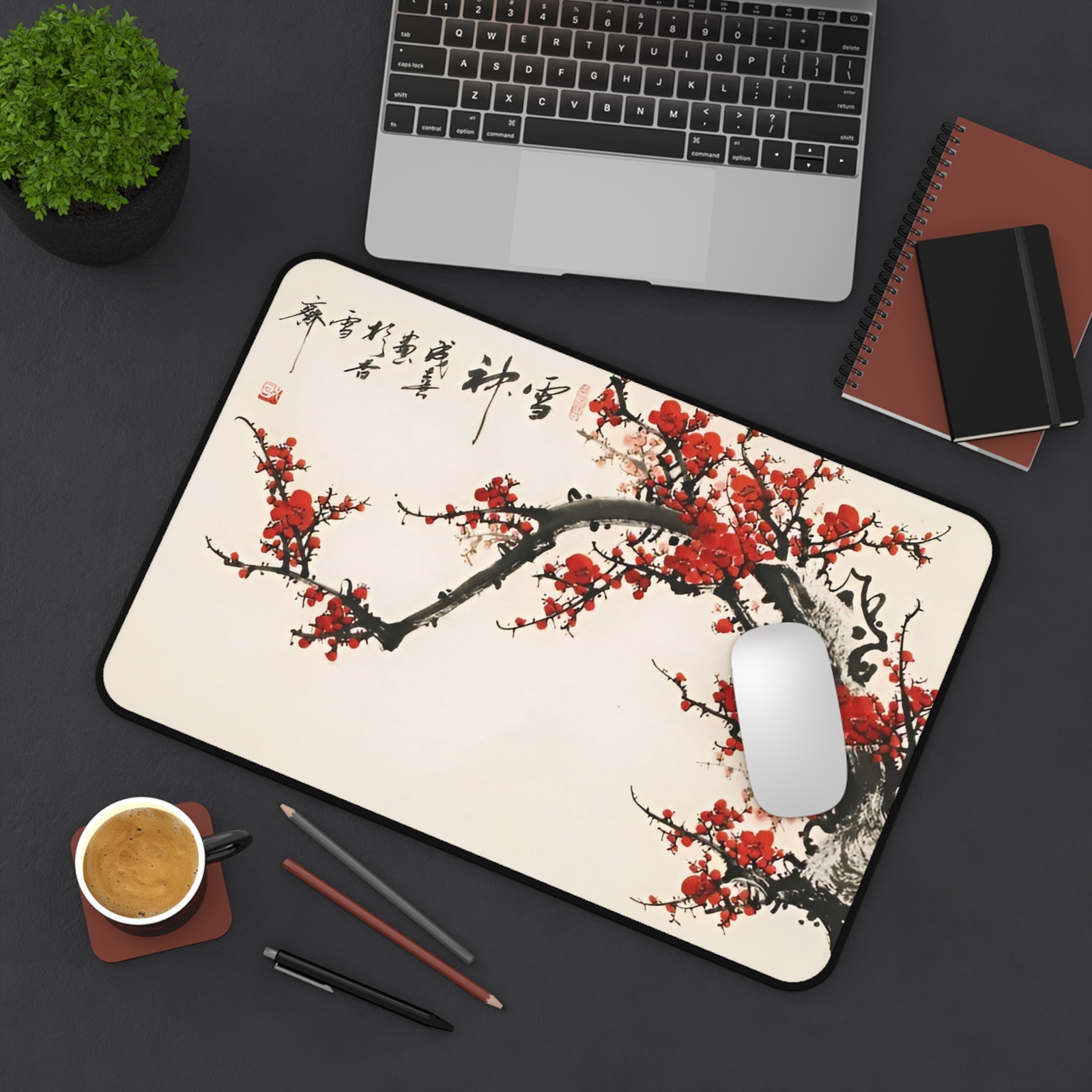 Elegant Red Cherry Blossom Desk Mat | Decorative Office Décor | Gaming Mouse Pad