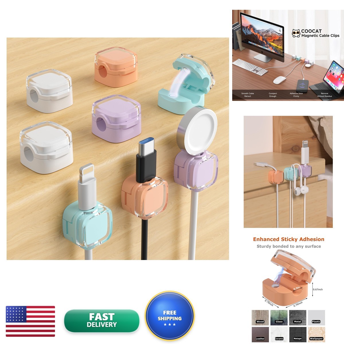 COOCAT Magnetic Cable Clips, Cute Desk Charger Cord Holder CC-MCC-01