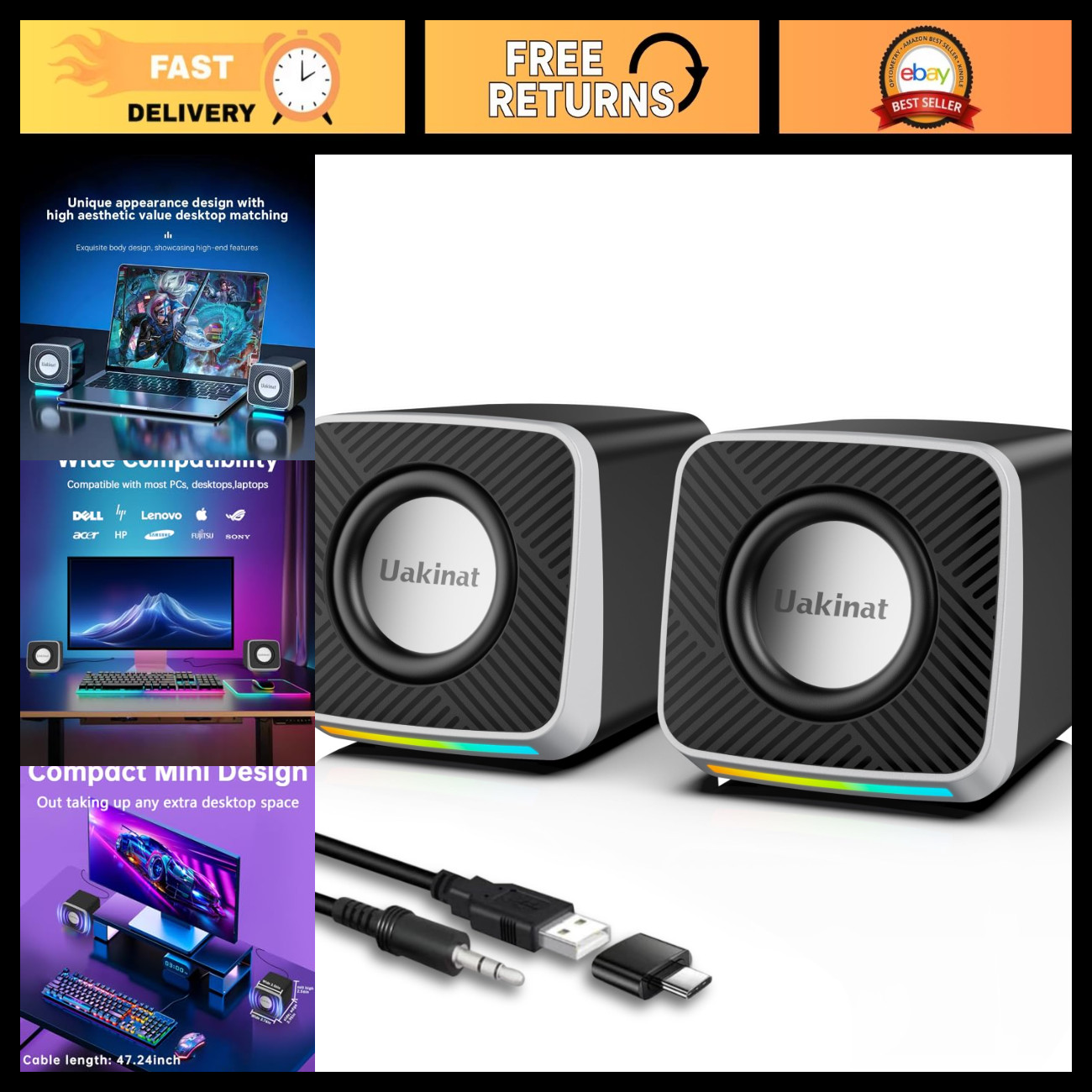 USB Powered Desktop Speakers, Clear Loud Sound, Plug-and-Play Audio System