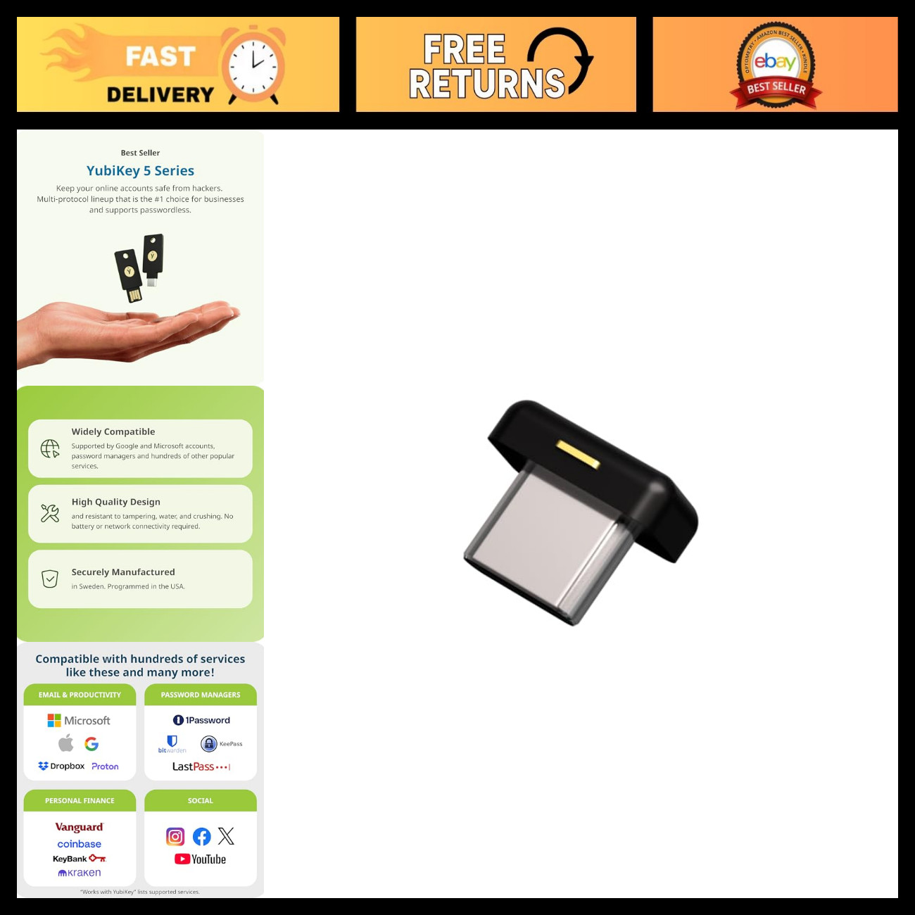 Multi-Factor Authentication Security Key - USB-C YubiKey 5 Nano, FIDO Certified,