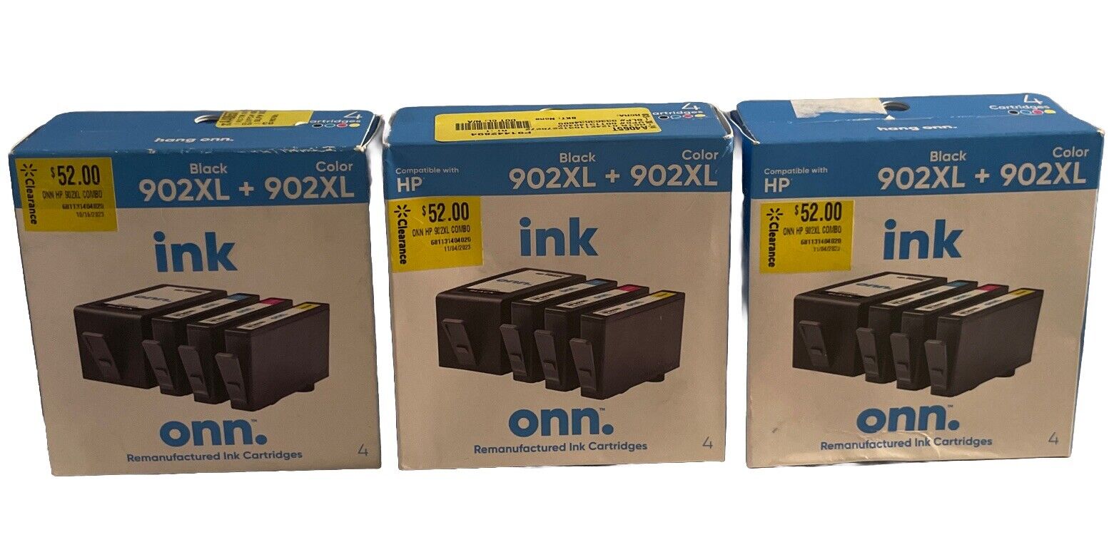 3x New Onn 902XL Black CYM Combo Ink Cartridge Lot HP Compatible Exp. 2023/2024