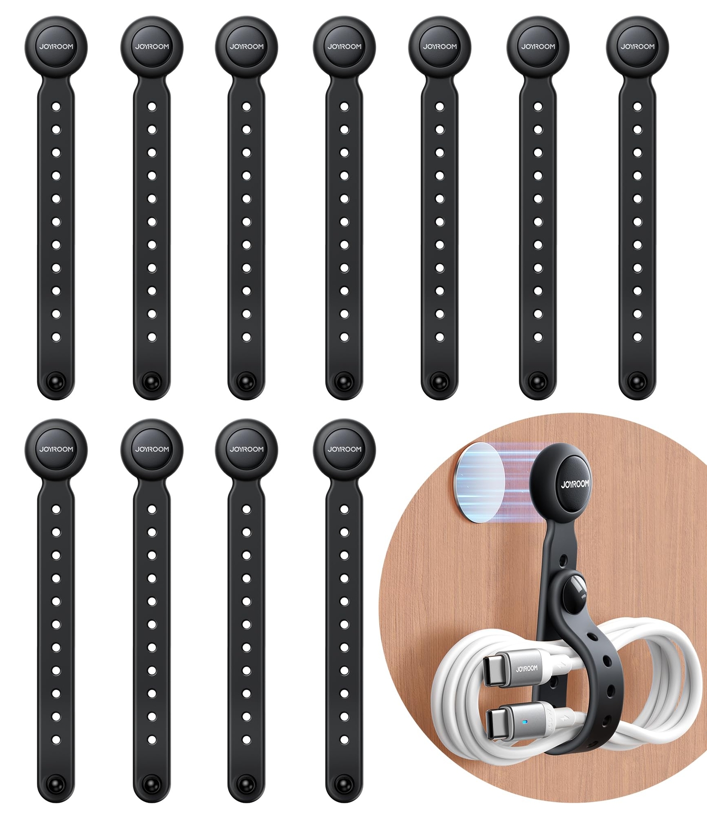 JOYROOM 12PCS Magnetic Cable Ties Black Reusable Silicone Organizers