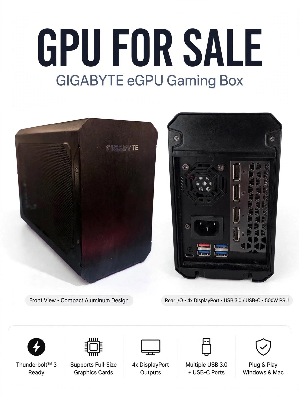 GIGABYTE eGPU Gaming Box Thunderbolt 3 External GPU Enclosure 500W Black