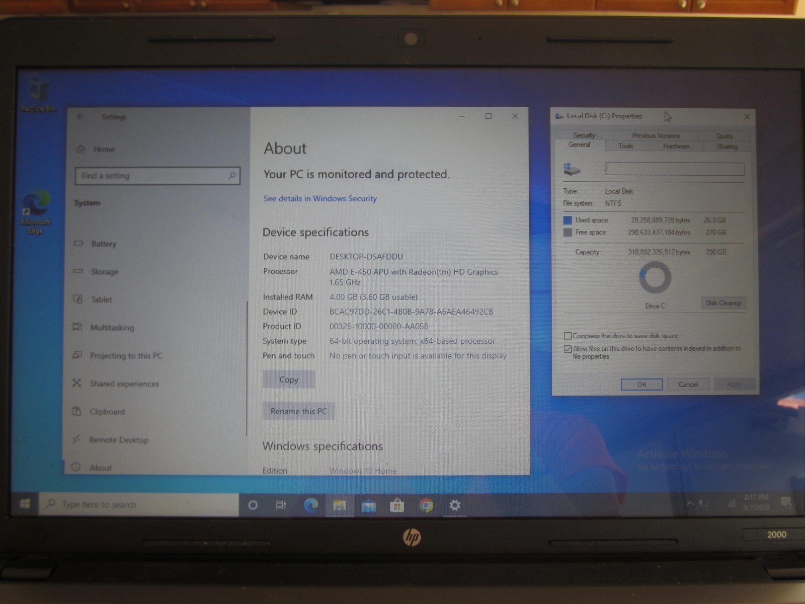 HP 2000 2000-428DX LAPTOP 4GBRAM 320GBHD SCREEN INTACT BAD BATT NoCord - WORKS