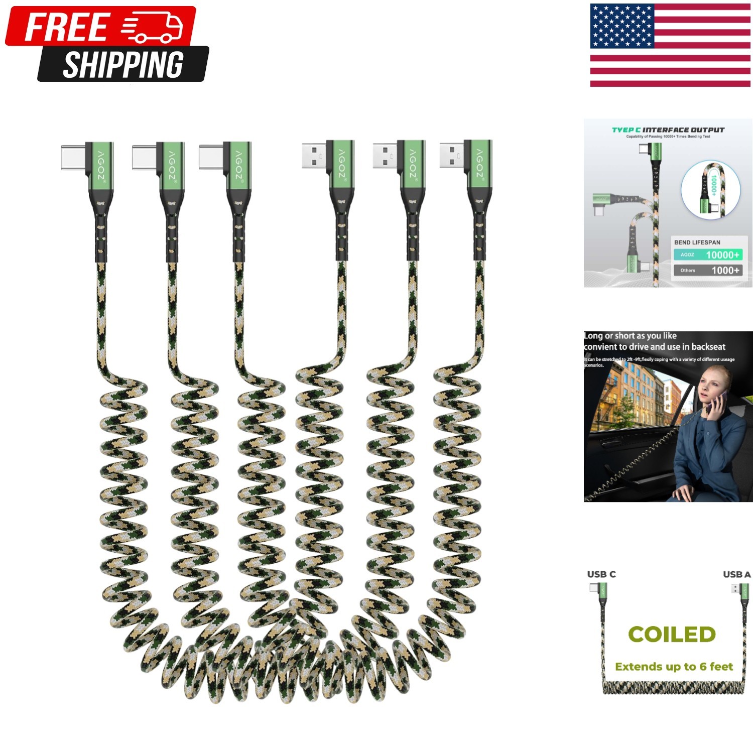 AGOZ [3-Pack, Coiled] USB C CAMO Braiding Cable Fast Charger 90° Type C to...