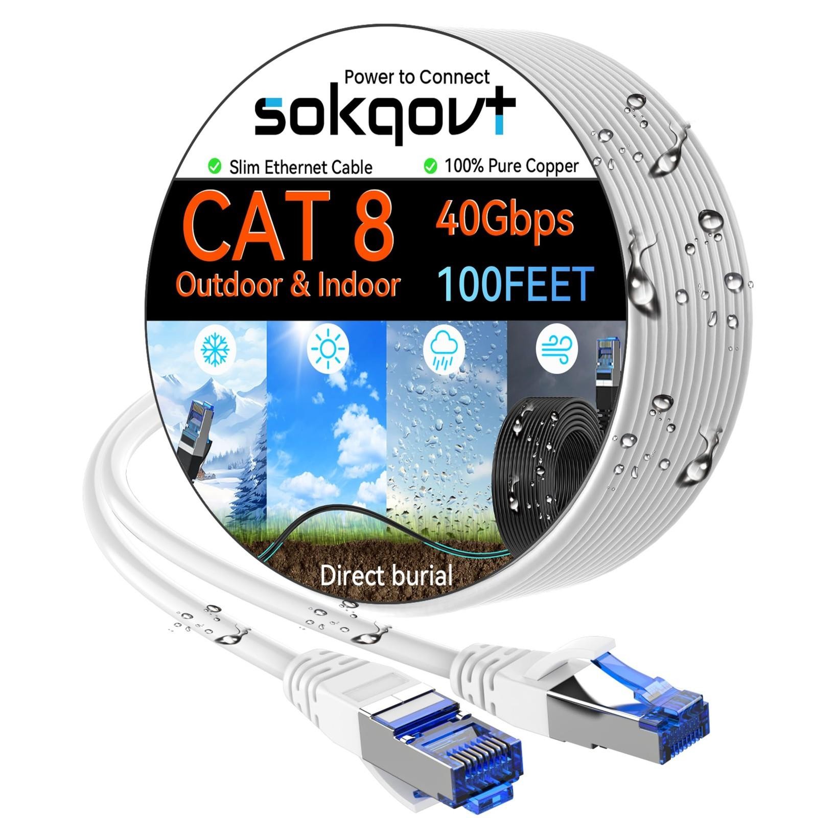 Sokqovt Cat 8 Ethernet Cable Slim 100ft Outdoor&Indoor,Pure Copper Cat8 Internet