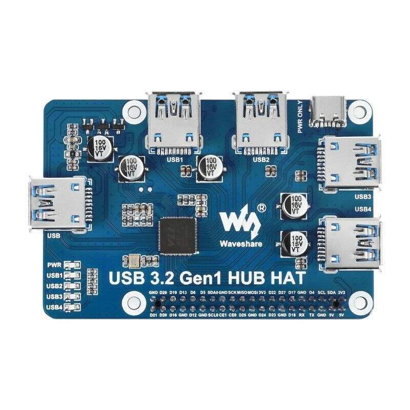 USB 3.2 Gen1 HUB HAT for Raspberry Pi 4xUSB 3.2 Gen1 Port Driver-Free Plug&Play