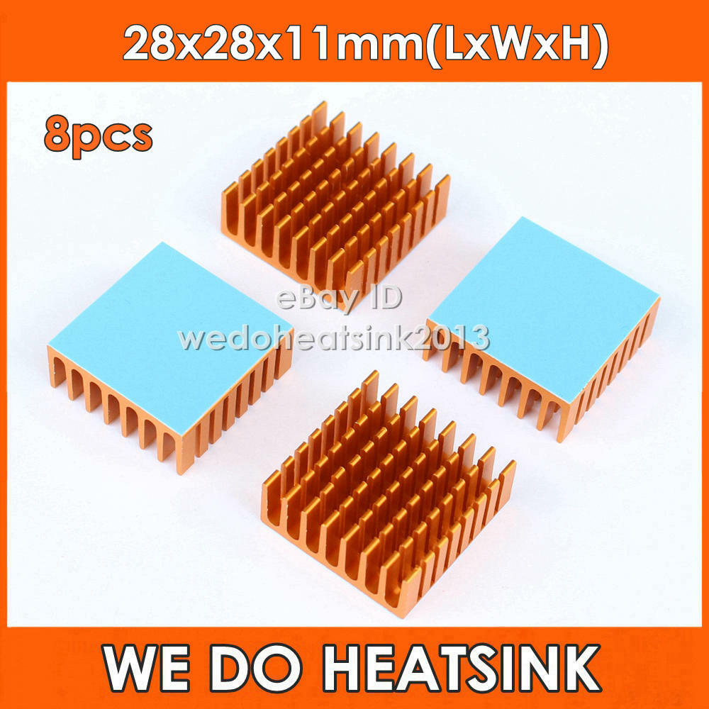 8pcs 28x28x11mm Gold Anodized Aluminium Heatsinks with Thermal Self-Adhesive