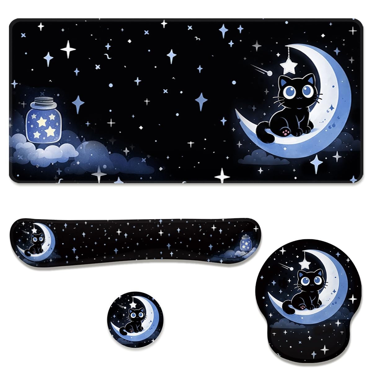 Moon Cat Starry Night Large Desk Mat Set Mouse Pad Wrist Rest 4in1 Keyboard