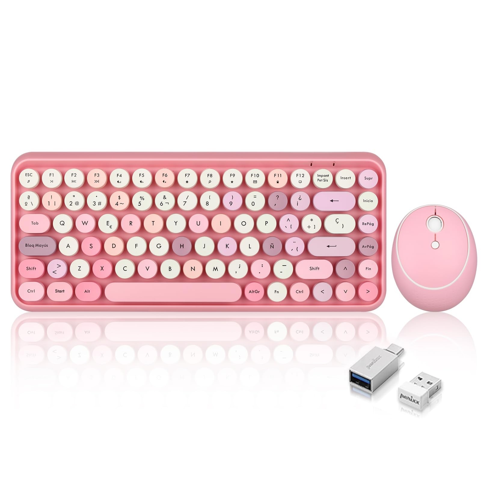 PERIDUO713 ES Set Raton Mini Teclado Inalambrico 2.4 GHz Retro Rosado Pastel