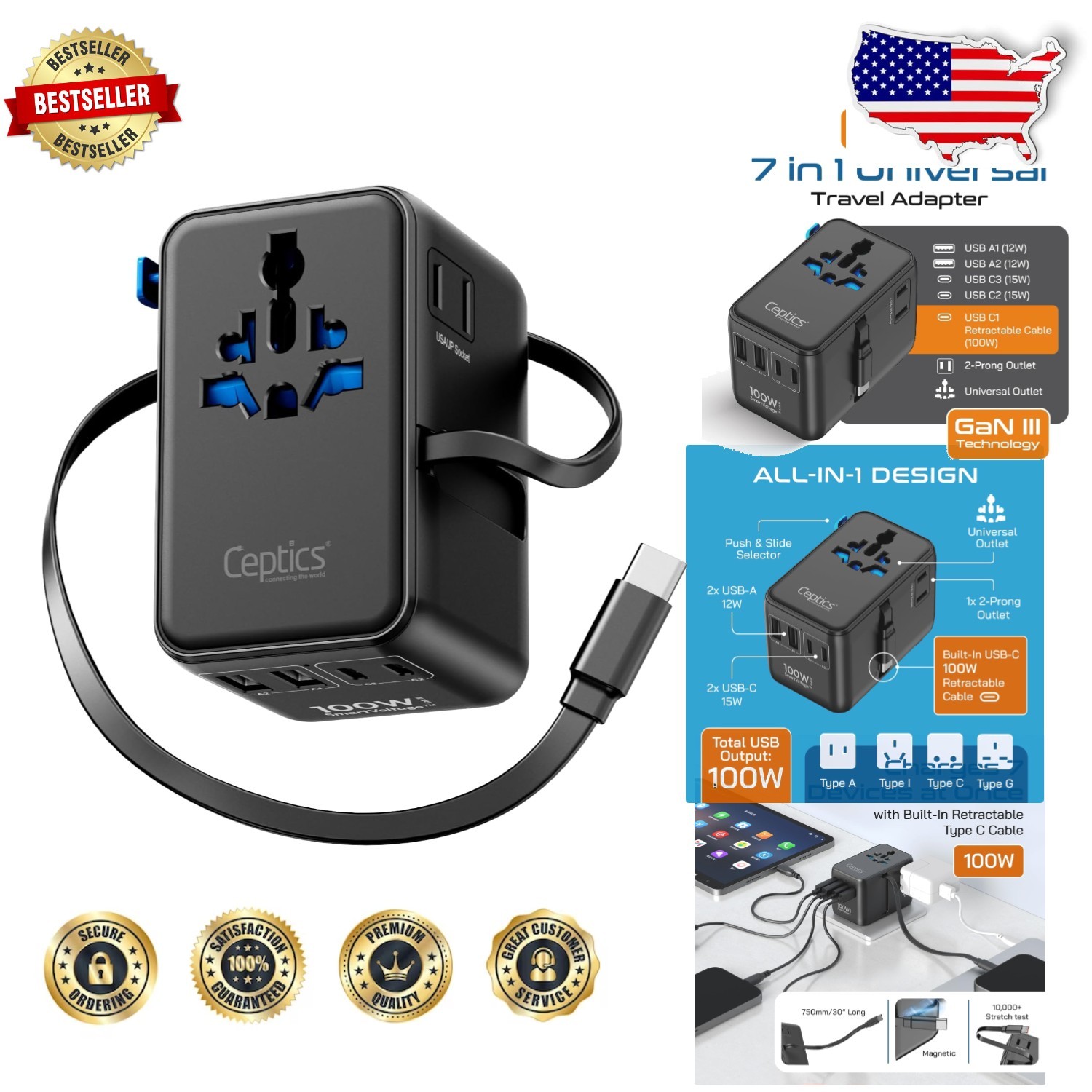 GAN 100W Travel Adapter w/ Retractable USB-C, 7 Devices, Worldwide Plugs,  Ce...