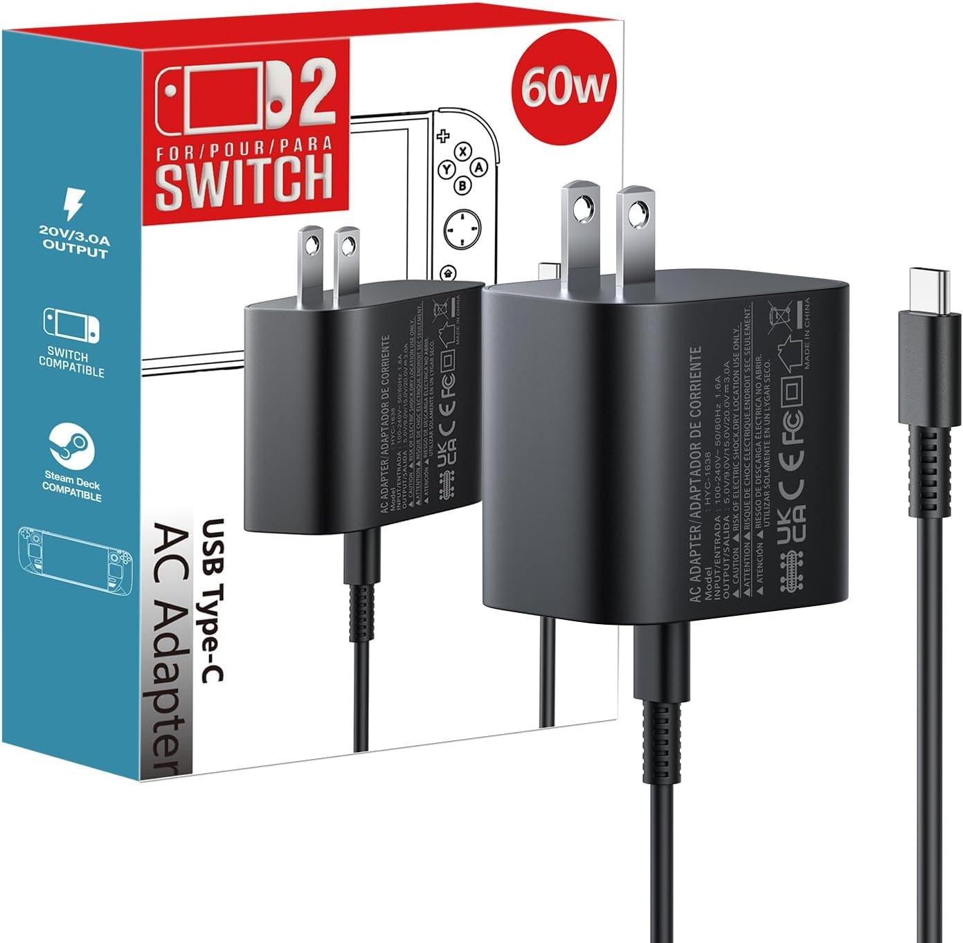 60W 3A Fast  Switch 2 Charger For Nintendo Switch 2/Switch/OLED/Lite/Steam Deck