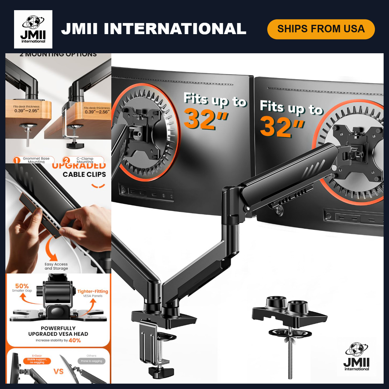 Adjustable Dual Monitor Arm Mount for 13-32" Screens, Tool-Free VESA, Max Load 1