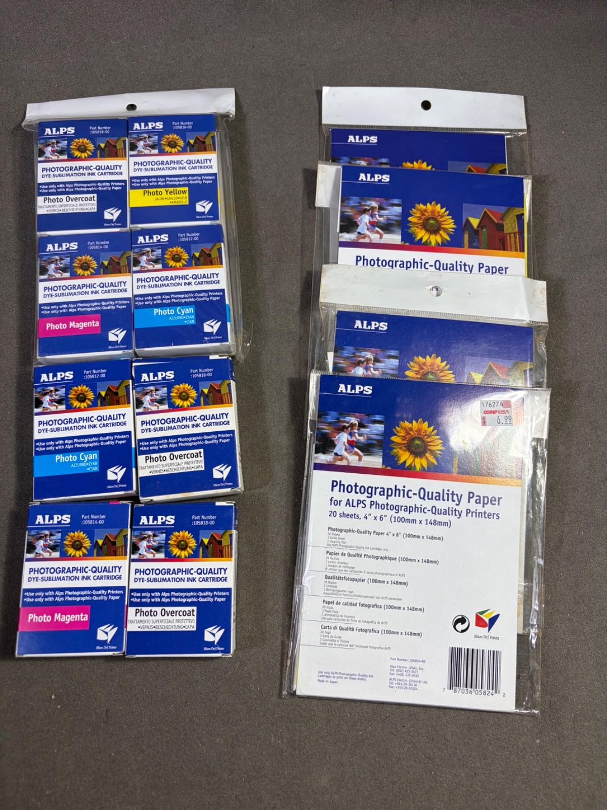 ALPS MD Printer Dye-Sub Photo Ink Cartridges & Paper Lot – Sealed 4-Pack + 4 Add