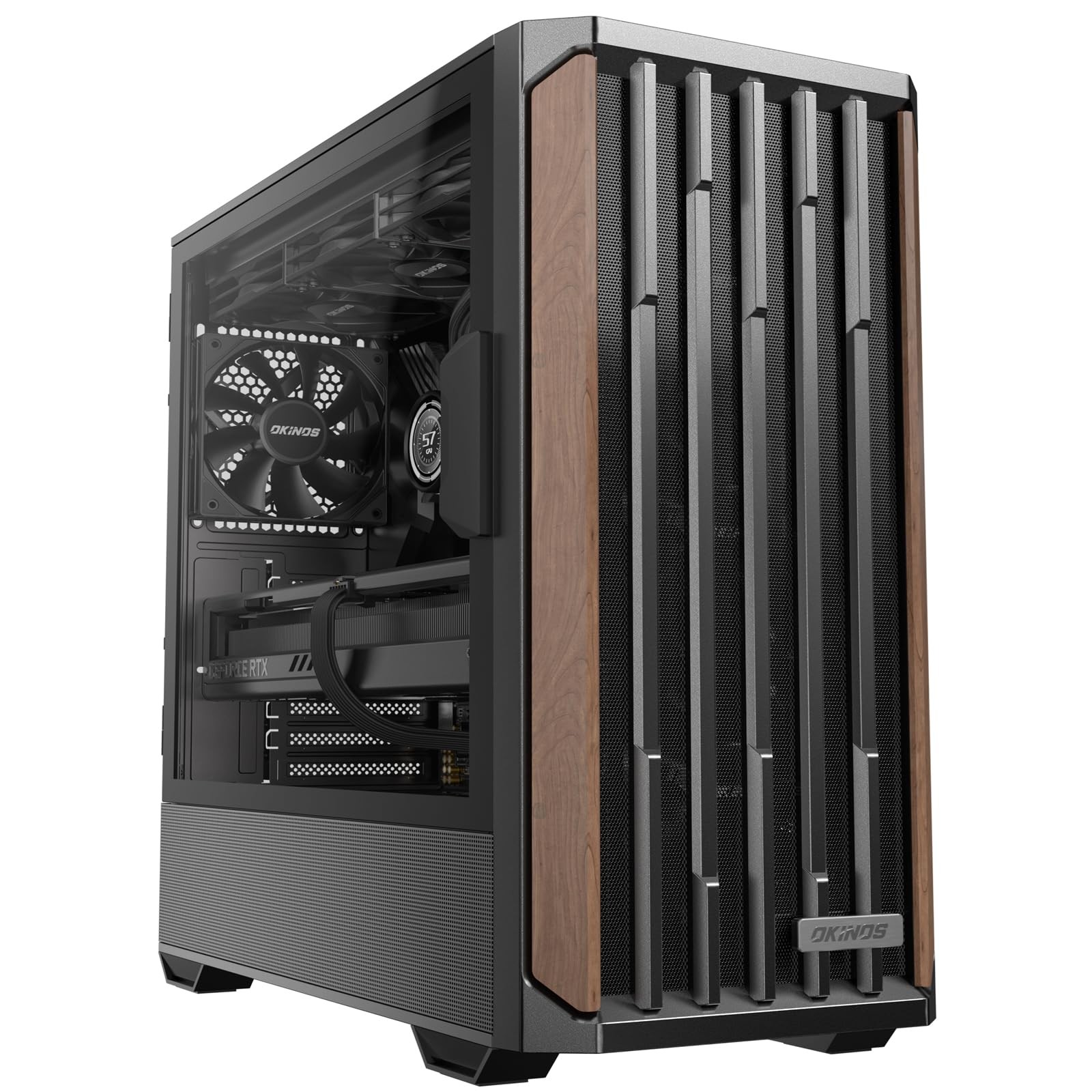 Okinos Genuine Walnut Wood PC Case, Support 360mm Radiator on Top, black