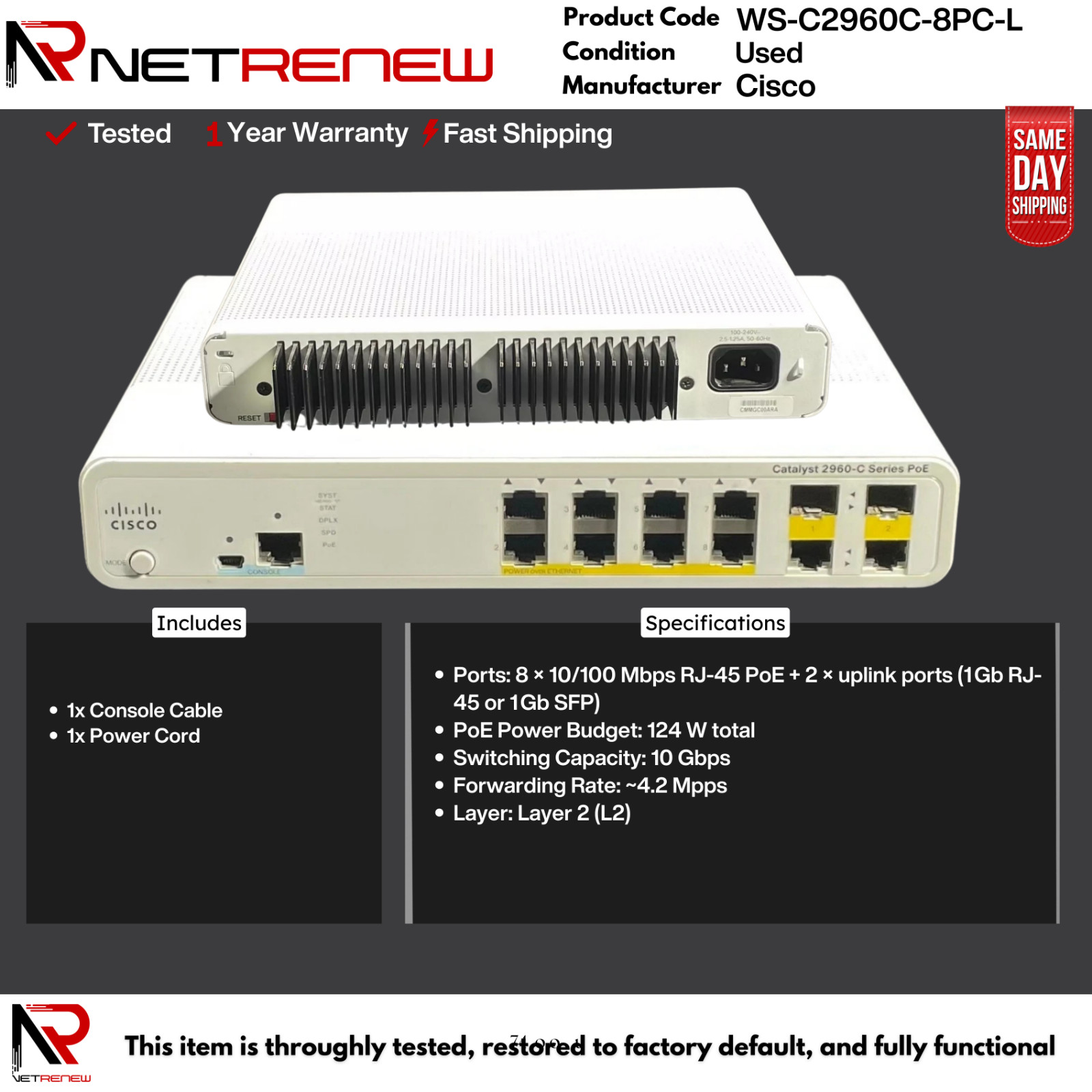 WS-C2960C-8PC-L Cisco 2960C   Ethernet Switch    8 Port PoE