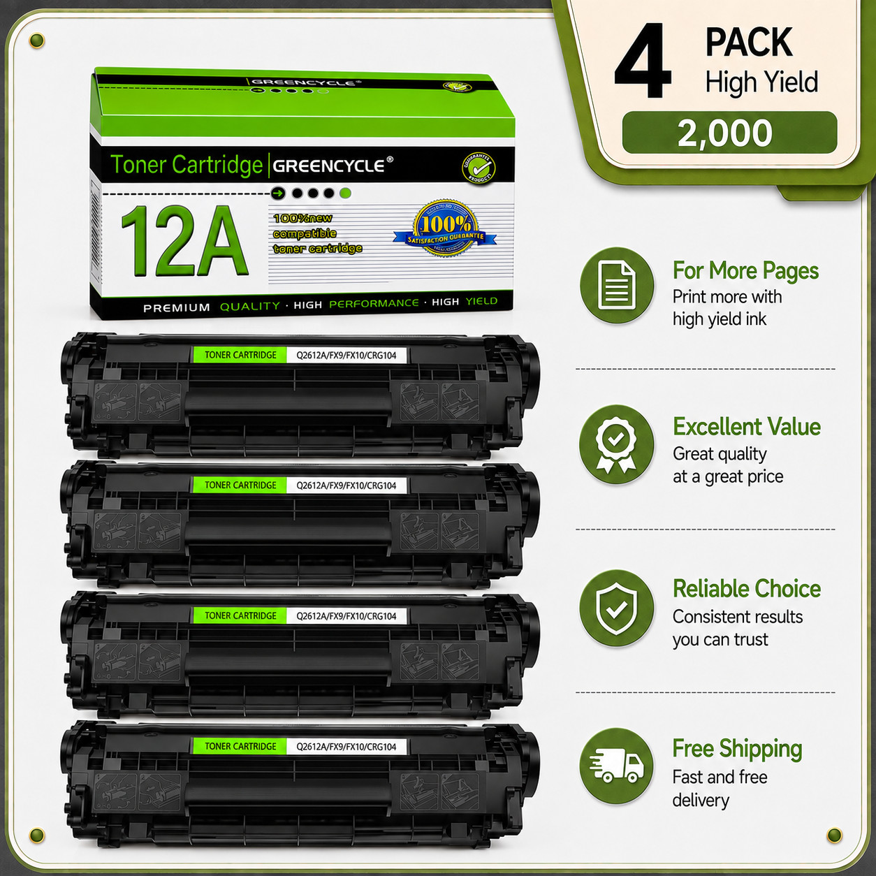 GREENCYCLE 4PK Q2612A Toner Cartridge Compatible with HP LaserJet 1012 1022 3052