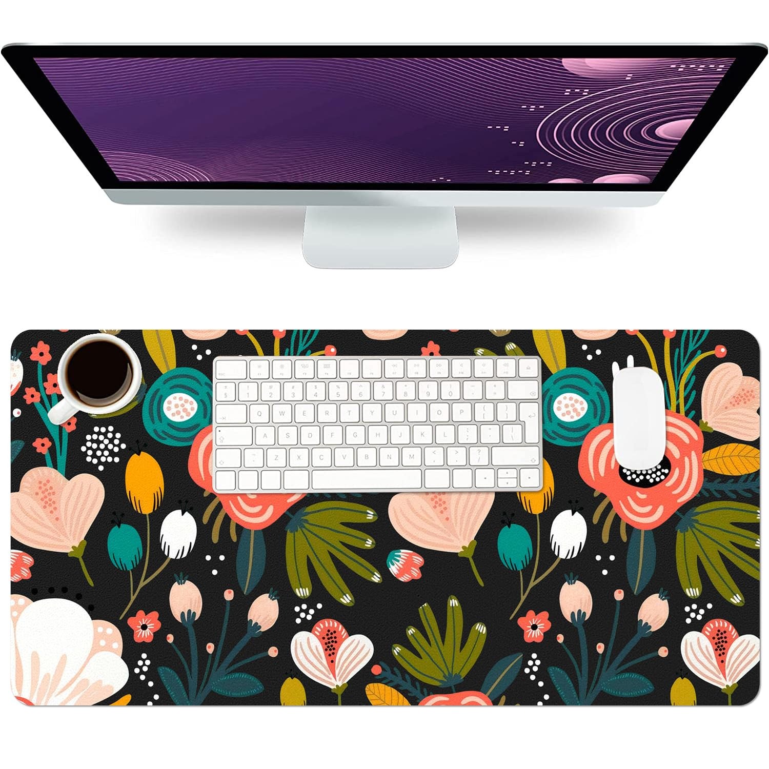 Large Desk Mat Protector Pad 23.6x11.8 Inch PU Leather Black Floral Mouse