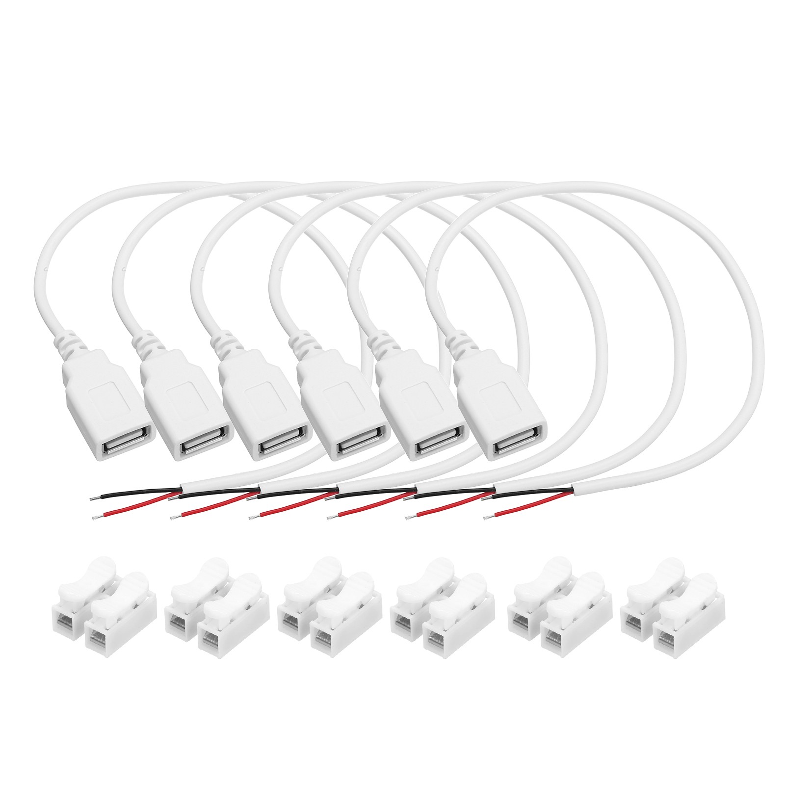 6Pcs USB Plug Pigtail 0.3 M/1 ft Female 22 AWG 5V 3A with Wire Connector White