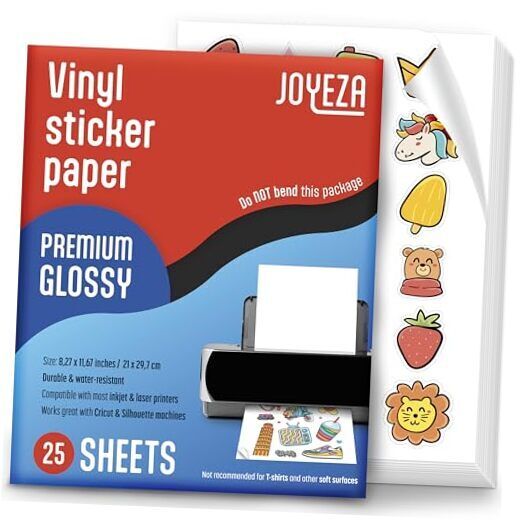 JOYEZA Premium Printable Vinyl Sticker Paper for Inkjet 25 Pack - Glossy