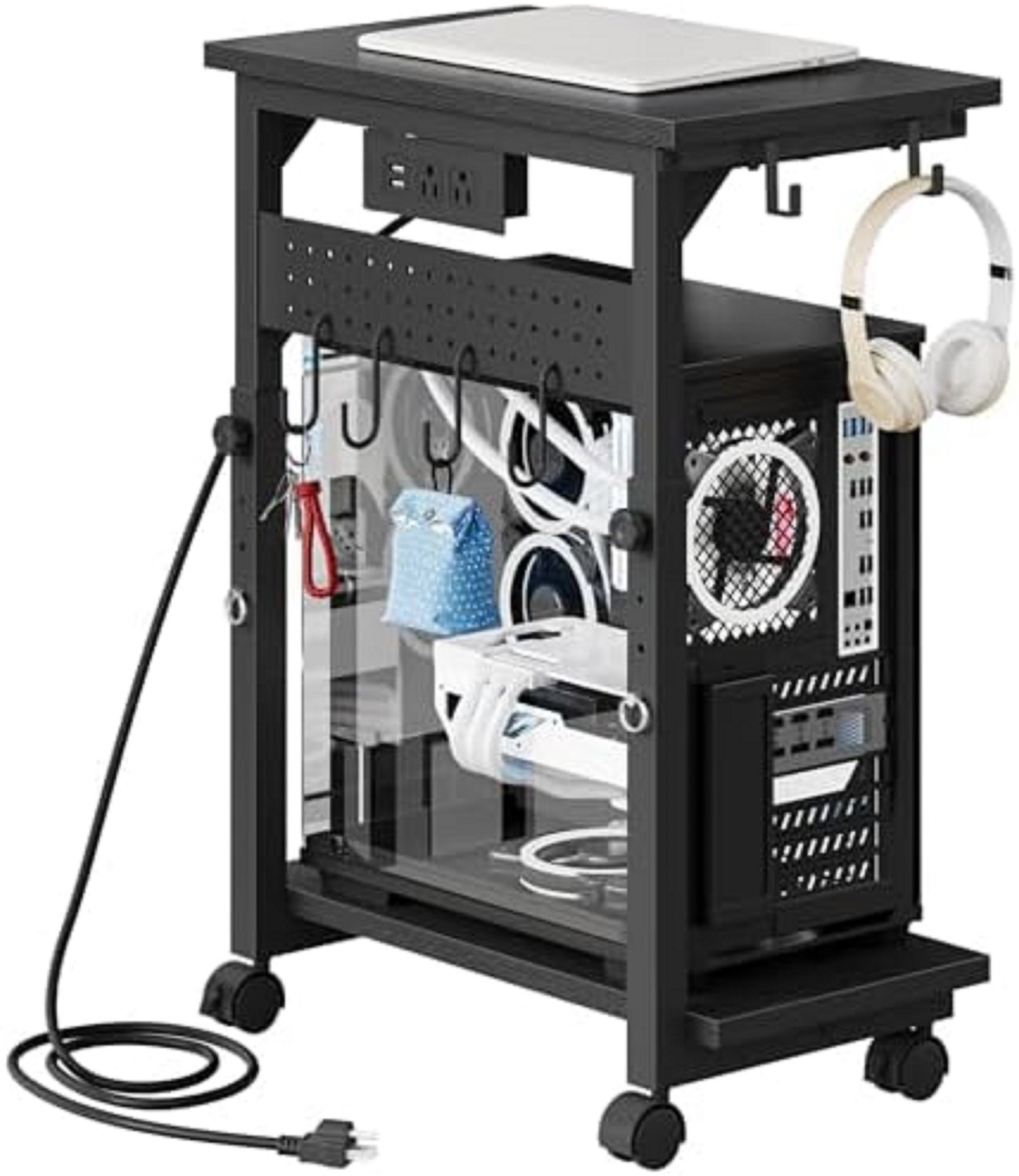 Height Adjustable PC Tower Stand with Charging Station, Rolling CPU Cart with US