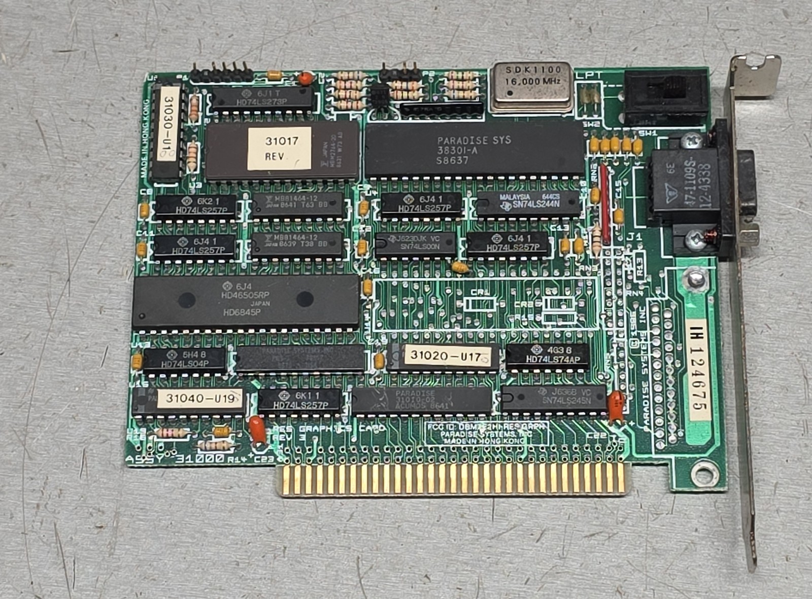 Paradise Systems Hi-Res Graphics Card 8-bit ISA 31002 Rev 03 Vintage