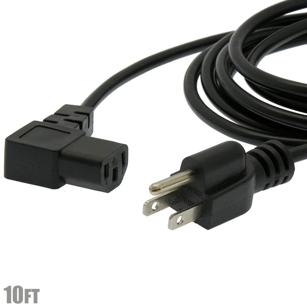 10FT 3-Conductor 18AWG NEMA 5-15P to IEC320 C13 Right Angle PC TV AC Power Cable