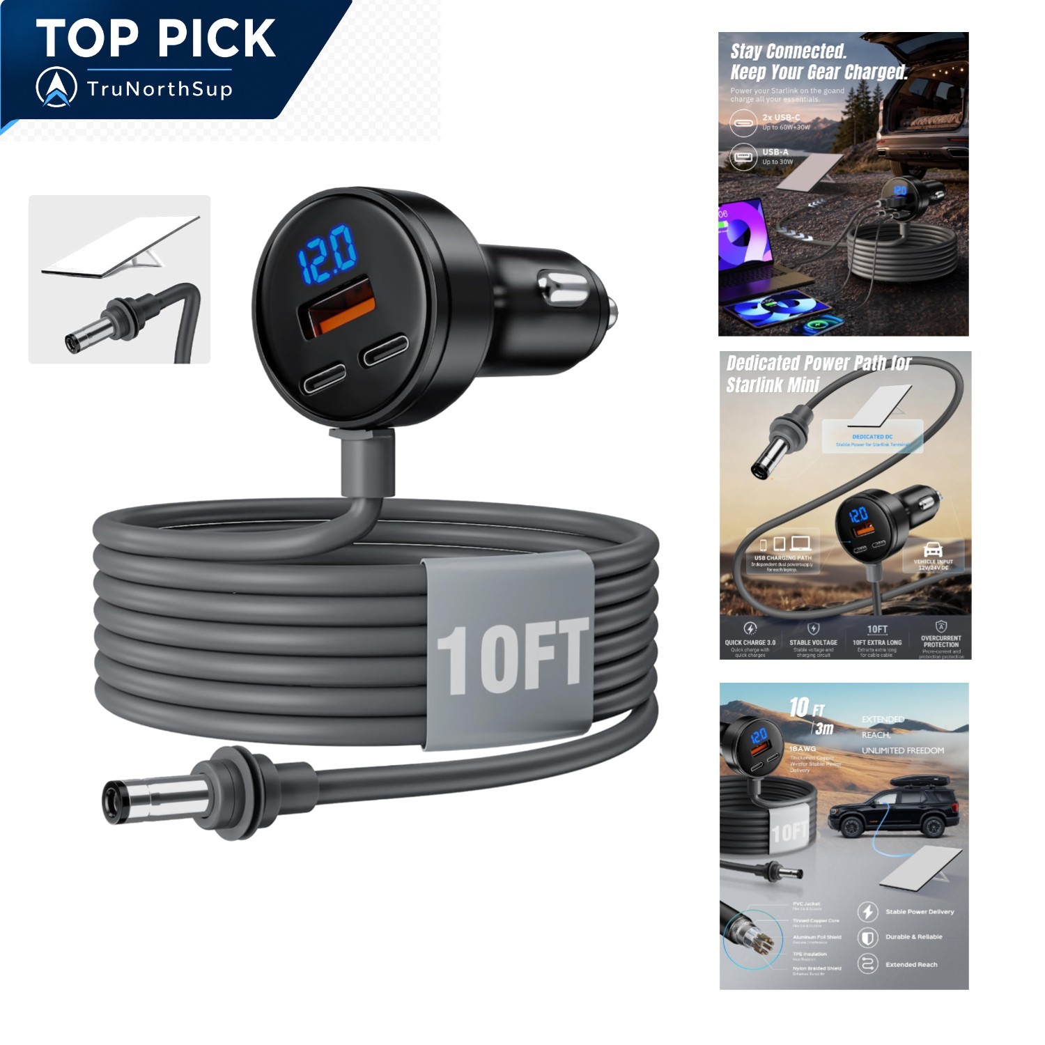 Car Adapter for Starlink Mini 60W USB-C 30W USB-A 10FT Cable DC Power