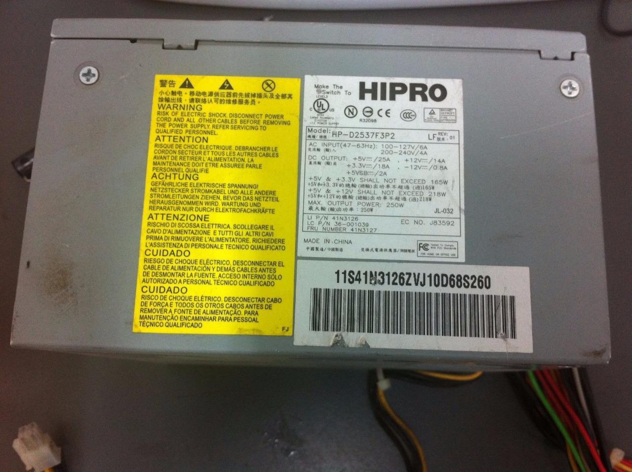 HIPRO POWER SUPPLY, MODEL: HP-D2537F3P2, FRU: 41N3127, DC OUTPUT: 250W