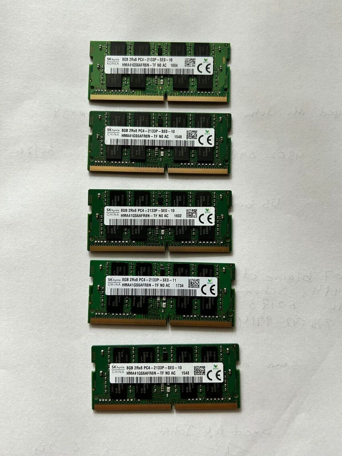 Lot of 5 SK Hynix 8GB DDR4 Laptop Memory Modules (2Rx8 PC4-2133P-SE0-10)