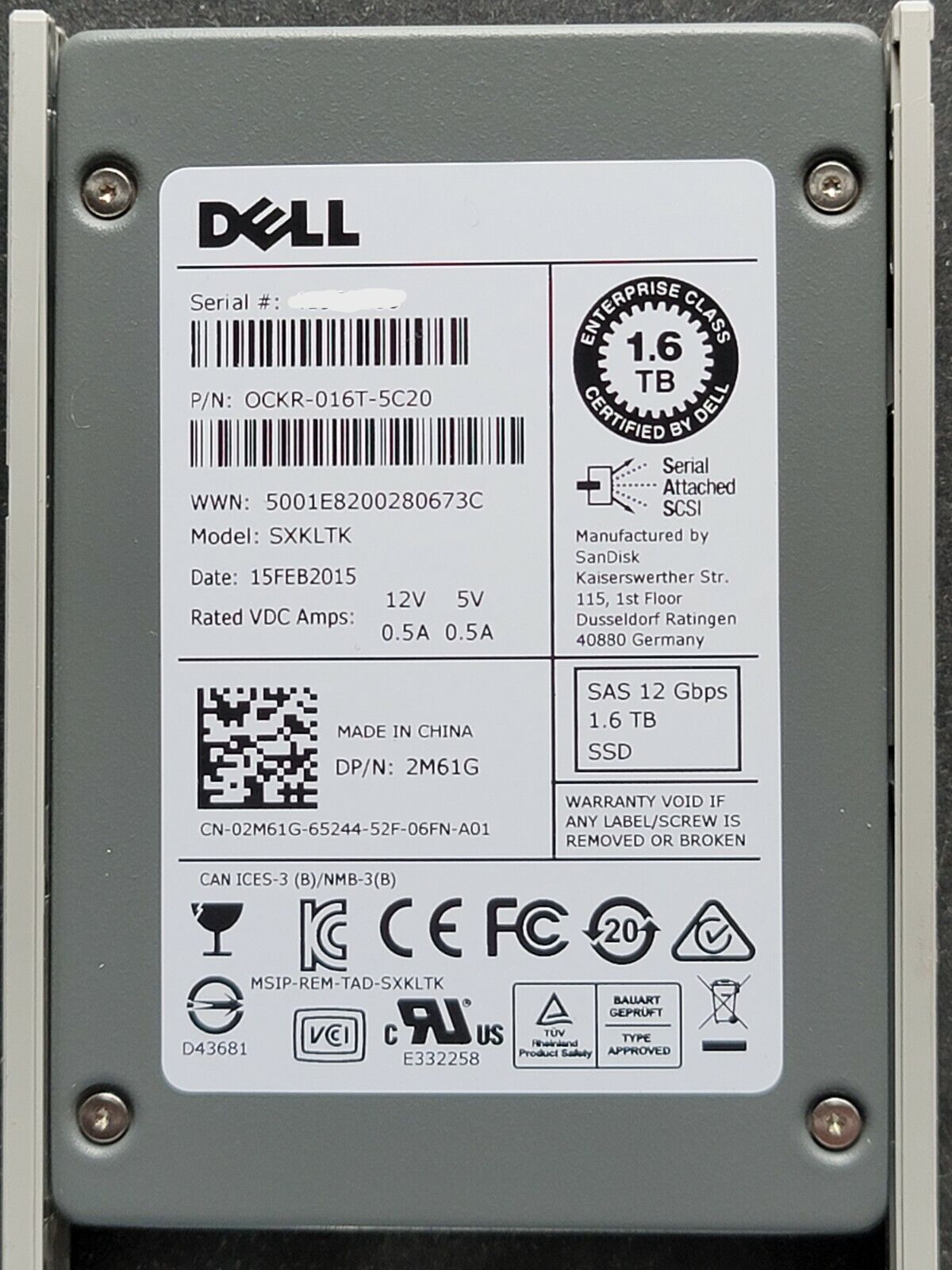 Dell 02M61G 2M61G 1.6TB SAS 12Gbps SSD SanDisk SXKLTK OCKR-016T-5C20