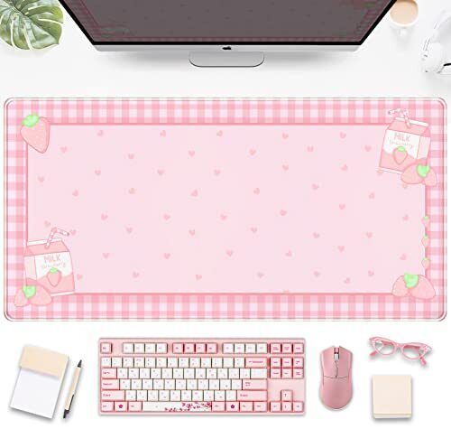 Cute Pink Plaid Desk Mats Strawberry Milk Gaming Desk Pad Kawaii Extended Mou...