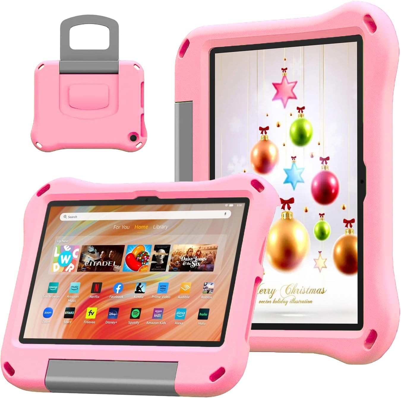 Shockproof Light Pink Case for 10" Tablet, Kid-Proof Cover with Handle Stand