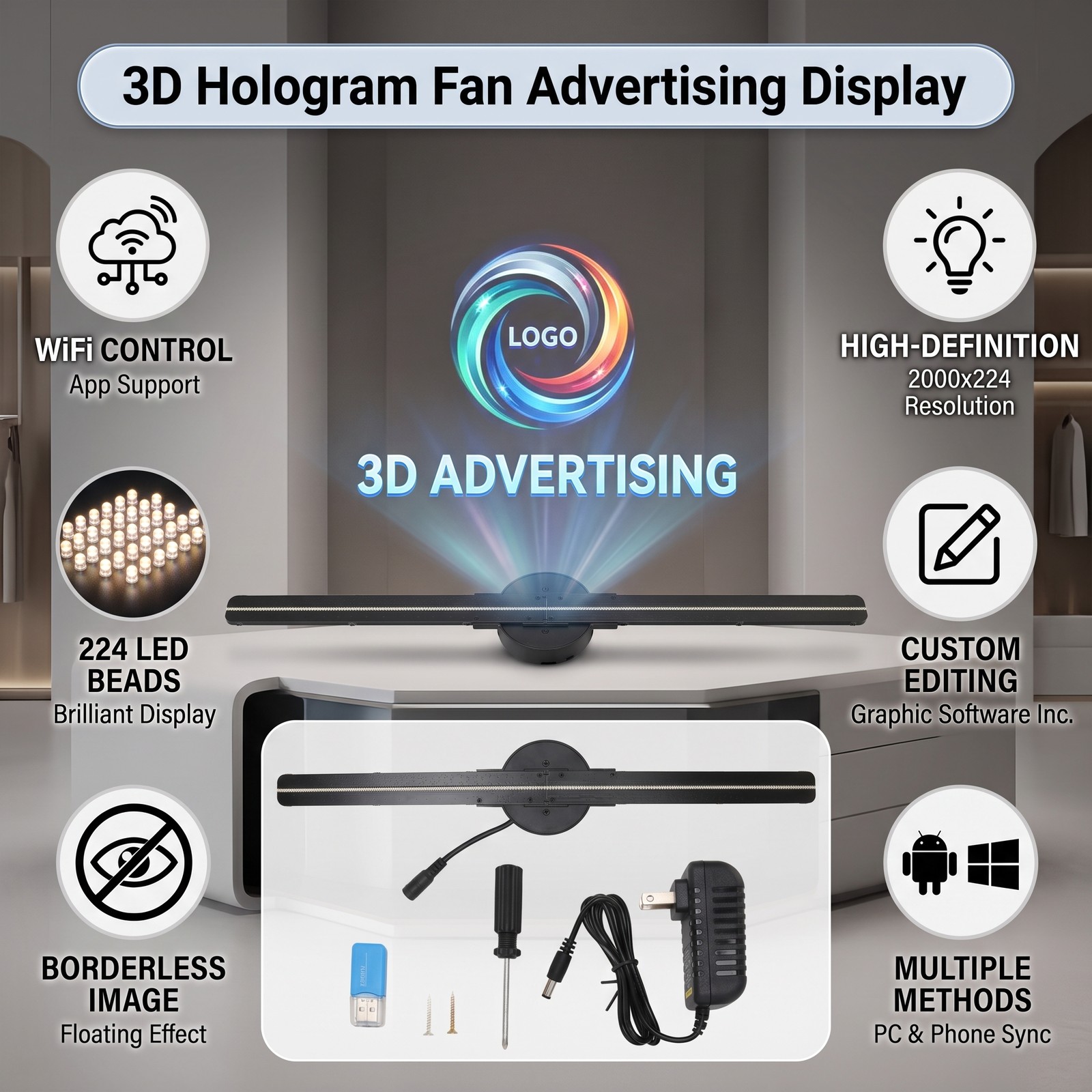 3D Hologram Fan 15W LED Holographic Display Fan 32G TF Card For Advertising